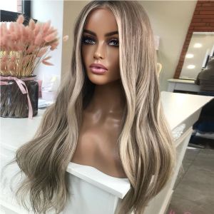 Markeer Human Hair Lace Frontale pruik Ash Bruine Blond Lace Voorpruik Natuurlijke golf HD Transparant kant 13x4 Synthetische kant Voorpruik voor vrouwen