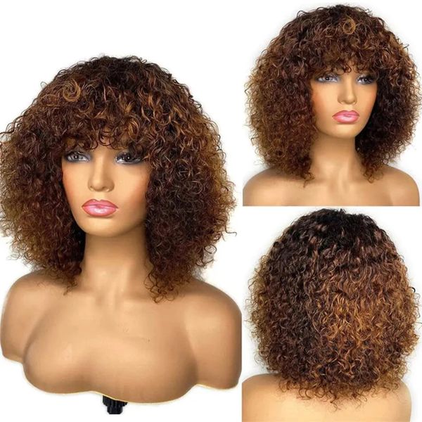 Resalte las pelucas de cabello humano para mujeres Afro Kinky Pelucas rizadas con flequillo Ombre Color Rizado Peluca sin cola Pelucas de cabello brasileño corto 210% desntiy