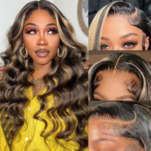 Perruque Lace Frontal Wig naturelle Body Wave à reflets, cheveux humains, 13x4, sans colle, 12A, densité 250, Balayage HD