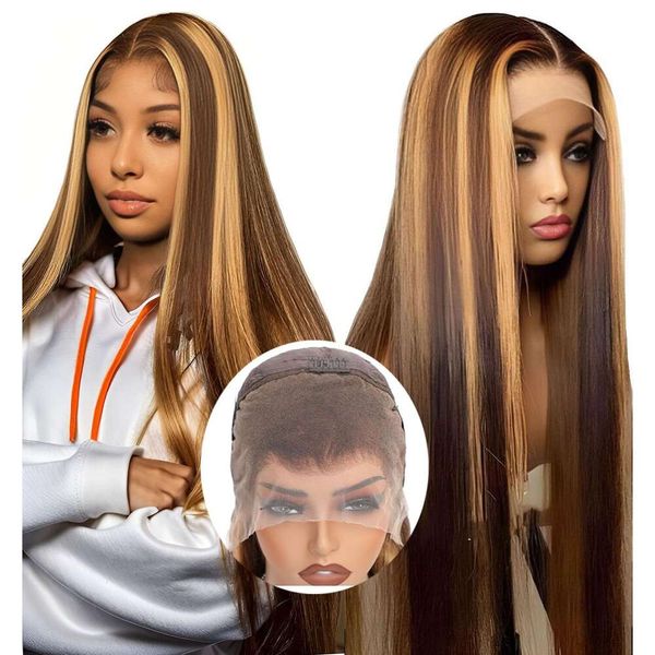 Souligner ombre 26inch 180% densité 13x4 Full frontal HD transparent transparent pré-cueilled Strucy Brown coloré miel blonde en dentelle blonde Fair Human