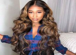 Perruque Lace Front Wig brésilienne naturelle Remy, cheveux humains, Body Wave, blond miel ombré, 13x4, pre-plucked, 150, pour femmes noires9508654