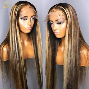 Markeer ombre honingblonde kleur vooraf geplukte rechte menselijk haarpruiken bleekknopen hd transparante gluess frontale pruik 360 26in