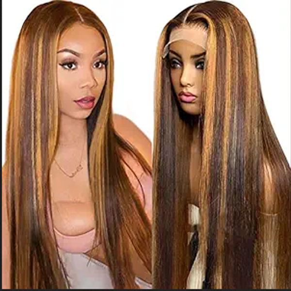 Resaltar el cabello humano ombré 150% densidad HD Rubio transparente 4/27 pelucas delanteras de encaje 13x4 largas y rectas prearrancadas con pelo de bebé