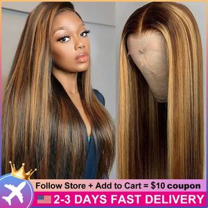 Perruque Lace Front Wig Remy naturelle lisse, cheveux humains ombrés, blond miel, partie libre, perruque Lace Front Wig transparente HD pour femmes noires