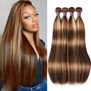 Mettez en surbrillance les cheveux humains brésiliens d'origine 4 Bundles Straight Ombre Color P4 / 27 Tissage de cheveux