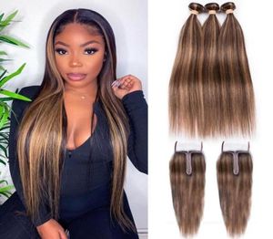 Highlight P427 Bundels met sluiting Recht 3 bundels met sluiting Brazilian Hair Weave-bundels met 41 vetersluiting44491199972826