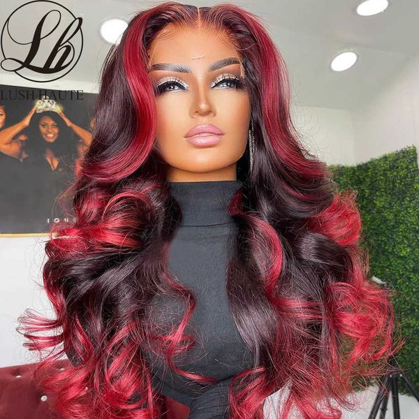 Resalte la peluca con malla frontal de onda del cuerpo de color rojo para mujeres negras Borgoña destaca pelucas de encaje ondulado largo con cabello de bebé 230524