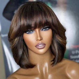 Highlight short bob cut human hair scalp top wigs with bang full machine made glueless cheap for sale