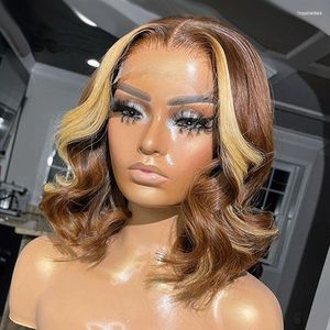 Highlight Short Bob Wig Lace Front Human Hair Wigs Brown Loose Wave Pre Plucked Honey Blonde Body Brazilian For Women