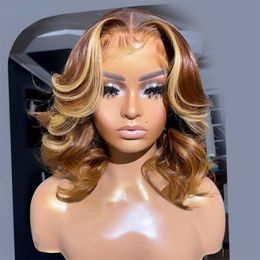 Perruque Bob Lace Frontal Wig synthétique Body Wave courte à reflets, cheveux naturels, brun, blond, Transparent, 13x4, pour femmes
