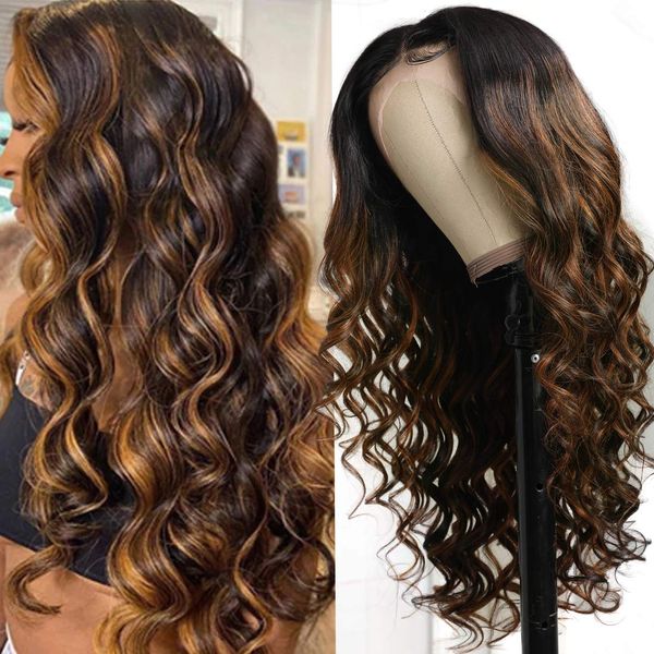 Resalte las pelucas de cabello humano con frente de encaje ondulado para mujeres negras Virgen brasileña Ombre Balayage Marrón Onda del cuerpo Peluca frontal Parte media Pre desplumada FB30 Color 20 pulgadas