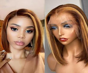 Markeerpruik 13x4 HD Transparant rechte ombre Bob Wig Ombre Bruine honing Blonde korte Bob Lace Front WIG9041263