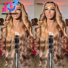 Perruque Lace Front Wig synthétique ondulée, cheveux humains colorés, 30 pouces, blond miel, 13x4, à reflets, pour femmes