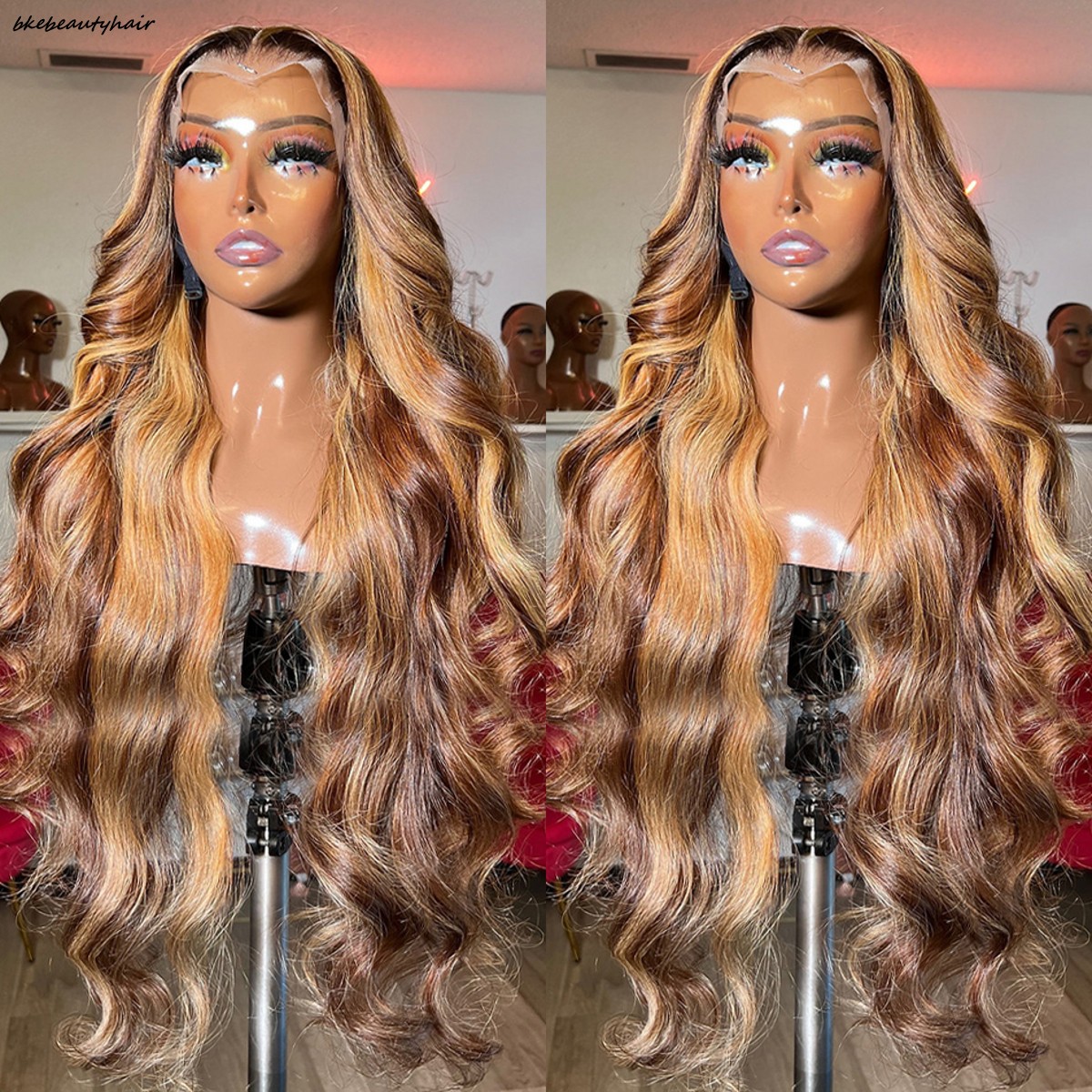 Vurgulama insan saçı 13x4 dantel frontal peruk kadınlar için insan saç perukları 30 inç bal sarışın vücut dalgası dantel ön peruk sentetik