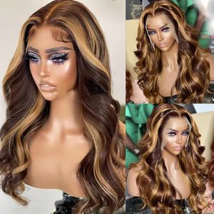 Perruque de cheveux humains à reflets, 40 pouces, Body Wave, Lace Front Wig, couleur ombrée, brésilienne, marron, blond miel, perruques synthétiques pour femmes