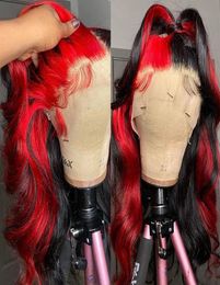 Perruque Lace Front Wig Body Wave synthétique à reflets, cheveux naturels, noirs et rouges, résistants à la chaleur, pour femmes, 6054253