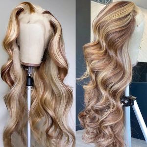 Perruque Lace Frontal Wig synthétique Body Wave à reflets, perruque Lace Frontal Wig colorée 13x4 P4/27 ombré blond miel