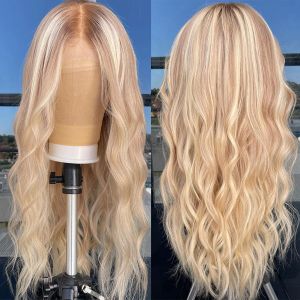 Perruque Lace Front Wig synthétique Body Wave naturelle brésilienne, cheveux à reflets blond miel, 13x4 Hd, perruque Lace Front Wig pour femmes noires