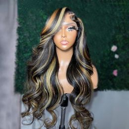 Perruque Lace Frontal Wig 360 Body Wave naturelle, cheveux naturels, couleur blond miel, 13x4, à reflets, HD, pour femmes