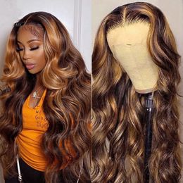 Markeer Wig Human Hair Ombre Lace Voorpruik Braziliaanse haarpruiken voor zwarte vrouwen 32 inch Honing Blonde Body Wave Lace Voorpruik