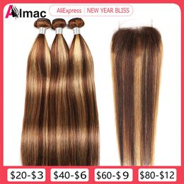 Paquetes de cabello humano rectos resaltados con cierre de encaje 4x4 HD prepleted P4 27 Color Peruvian Remy Extention 220g Set 231221