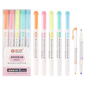 Highlighters 5 PCS Kawaii Highlighter Pens Double Tips Candy Color Manga Markers Midliner Pastel Harderighter Set Stationery 230503
