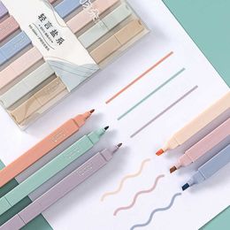 Highlighters 6 PCS Dubbele tip Highlighter Pens Kawaii Candy Color Manga Markers Midliner Pastel Highlighter Set Stationery J230302