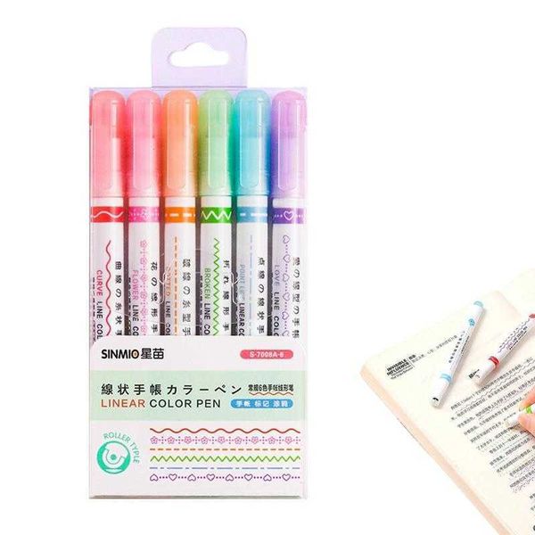 Surligneurs 6 pièces courbes surligneur stylo ensemble avec 6 courbes différentes formes pointes fines courbes colorées stylos surligneur marqueurs papeterie