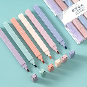 Highlighters 6PCSSet Doubleheaded markeerstift Kawaii Stationery Color Marker School Supplies Student Textbook 230503