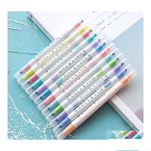 Highlighters Groothandel 12 pc's/set Dubbele kop briefpapier Milde Pens Gekleurde Ding Painting Highlighter Art Marker WDH1197 Drop Lever OTO9R