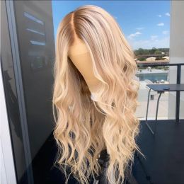 Perruque Lace Frontal Wig 613 naturelle blonde, cheveux naturels ondulés, à reflets, dentelle transparente Hd, sans colle, pre-plucked, synthétique