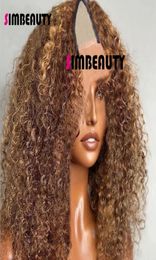 highlights Blond V Part 100 Pruiken van echt haar Ombre Bruin Bouncy Krullend Kinky Krul Midden Open Volledig Einde U-vorm Pruik 250 Dichtheid3953973