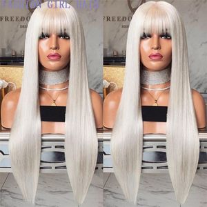 Faits saillants Blonde / Blanc / Marron Perruque 13x4 Lace Front Perruques Synthétiques Pour Les Femmes Droite Lace Front Perruques Avec Une Frange