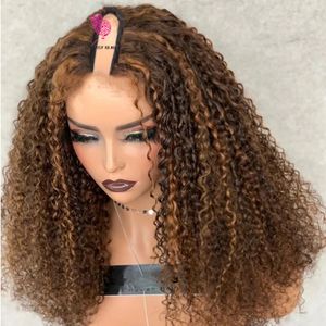 Hoogtepunten Bruin Afro Kinky Curly V Deelpruiken Zelfverwerkte 100% HES HAAR Glueless Ombre Honey Blonde Jerry Curl U Vorm Volledig eind Pruik Volledige machine gemaakt