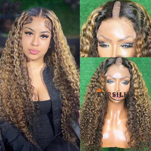 Faits saillants Honey Blonde Bouncy Curly V Part 100% Perruques de cheveux humains Ombre Brown Side Open Wig Peruvian Kinky Curl Full U Shape