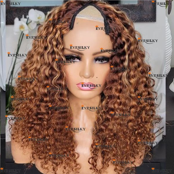 Faits saillants Honey Blonde V Part 100% Perruques de cheveux humains Ombre Brown Bouncy Curly Middle Open Wig Peruvian Kinky Curl Full U Shape