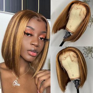 Ishow Highlight Straight Bob 4/27 T Fermeture Perruques de Cheveux Humains 8-14 pouces Brésilien 13x1 Omber Brun Couleur Naturelle Lace Front Perruque Pour Femmes Tous Âges