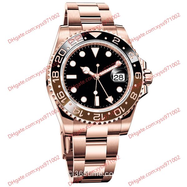 Montre pour homme de haute qualité 40 mm cadran noir 2813 machine automatique GMT m126715 or rose bracelet en acier inoxydable lunette en céramique bicolore verre saphir montre m126711