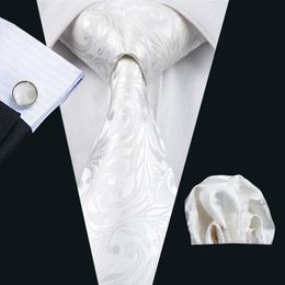 Cravate en soie tissée de haute qualité pour hommes Cravate en soie florale beige pour hommes Cravates de marié de mariage d'affaires avec boutons de manchette et Hanky225N