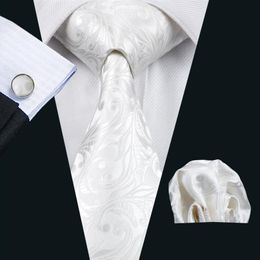 Cravate en soie tissée de haute qualité pour hommes Cravate en soie florale beige pour hommes Cravates de marié de mariage d'affaires avec boutons de manchette et Hanky354z