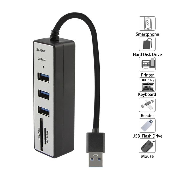 Concentrateur USB 3.0 haute vitesse à 3 ports avec lecteur de carte Micro SD / TF Mini séparateur multi-USB Utiliser un adaptateur secteur Accessoires d'extension multiples pour ordinateur PC Lapto