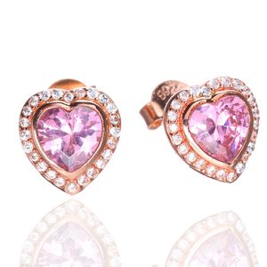 Higu qualité 18 Or Rose Cristal Rose Boucles d'Oreilles en Forme de Coeur avec Boîte d'Origine pour Pandora Boucles d'Oreilles en Argent Réel Cadeau de Noël