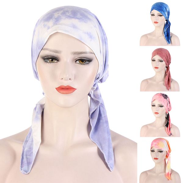 Hijab floreale a due code Skullies Tie-dye Turbante Cappello Berretti Berretto curvo Versatile cappello musulmano Chemio Testa Sciarpa Turbante Underscarf Accessori per capelli moda