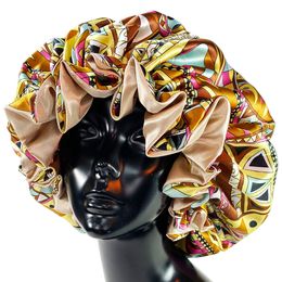 Hijab Satin Bonnet Cap Dubbele laag zijdeachtige grote motorkap voor dame afdrukken Sleep Cap Head Wrap 230511