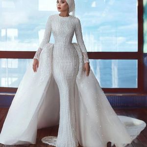 Hijab Saoedi -Arabië bruiloft met afneembare trein kralen pailletten zeemeermin lange mouw moslim bruidsjurken jurken