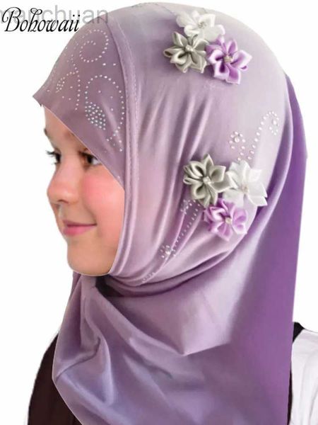 Hijabs bohowaii enfants filles musulmane instantané hijab prêt à porter les châles islamiques turban avec des écharpes de fleurs enveloppe de tête en jersey (2-7 y) D240425