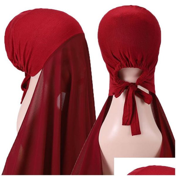 Hijabs Écharpe En Mousseline De Soie Hijab Et Bonnet Intérieur Costume Tout-en-Un Femmes Musulmanes Foulard Pratique Bonnet Élastique Avec Corde À Cravate 180X70Cm Drop Dhl80
