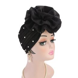 Hijabs mode femmes casquette musulman coton fausse perle décor grande fleur femmes musulman Hijab Turban chapeau tête Wrap casquette 230426