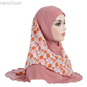 Hijabs H326 Tienermeisjes middelgrote 65*60cm bid hijab met chiffon prints moslim sjaal islamitische hoofddoek hoed amira pull on headwrap d240425