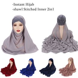 Hijabs Instant HeadScarf Chiffon Shawl Sewn Inner Hat Comfortabele hoofddoek Moslim Women's Islamitische ondergoed 175x70cm 230512